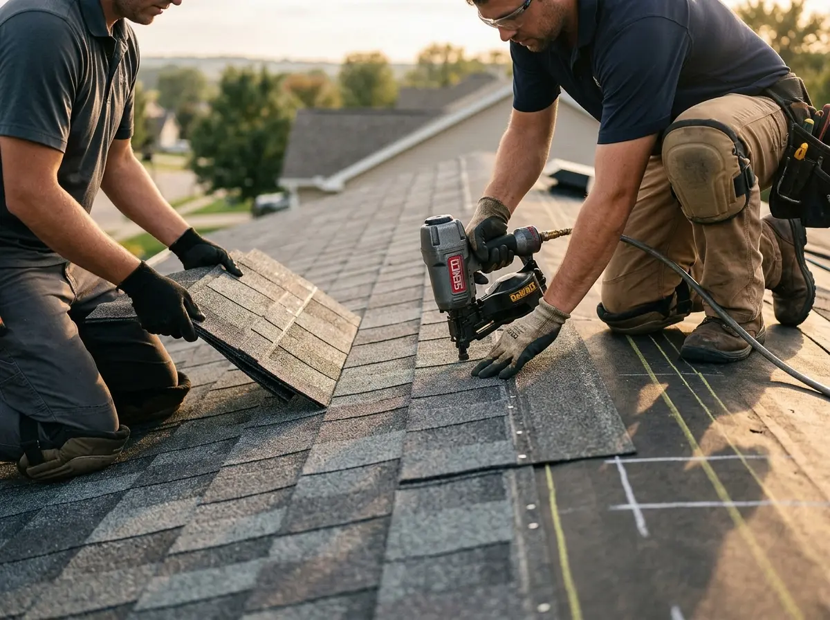 Professional roofer working on a residential roof in Clive